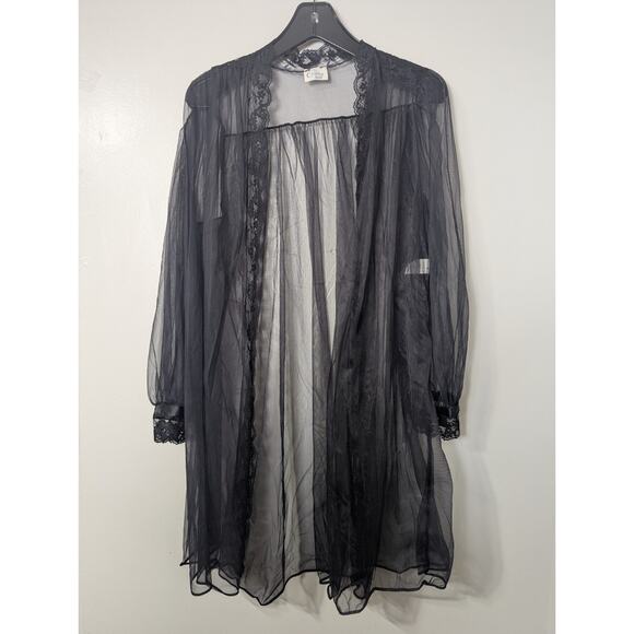 Vintage Cinema Etoile Size M Black Sheer Lace Open Front Robe Made In USA 36" L - Picture 1 of 9